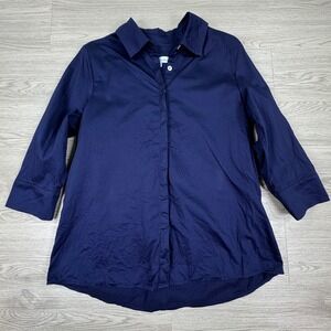 Perlavera Women's Button Down Shirt Cely Navy Blue Medium 3/4 Sleeve Cotton